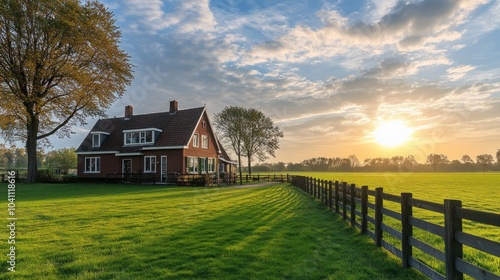 A red brick house with a wooden fence and a green grassy field in the foreground, with the sun shining through the clouds in the background.