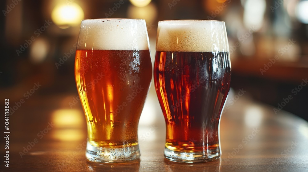 Two Glasses of Beer on a Bar Table Two Glasses of Beer on a Bar Table