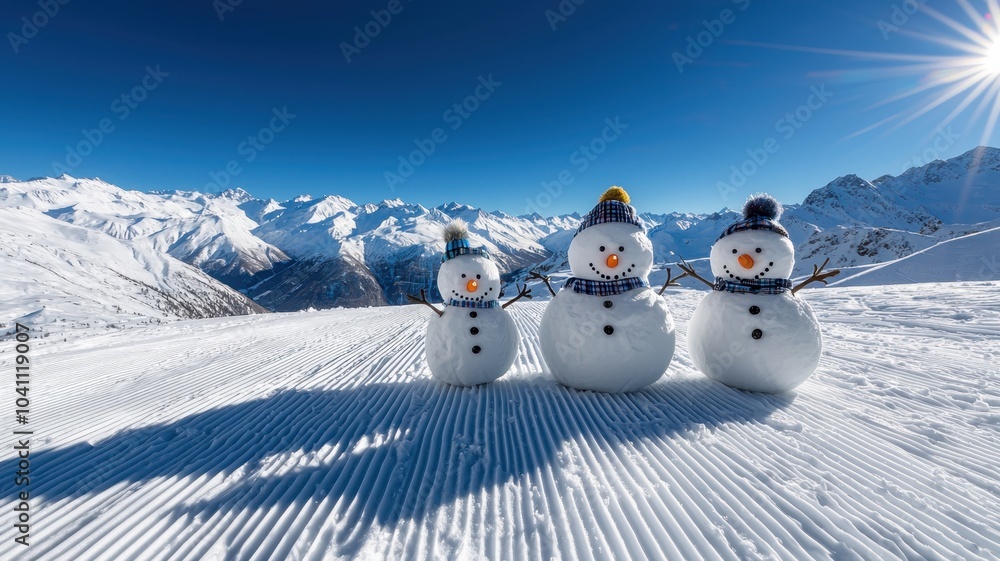 Joyful Family of Snowmen in Winter Wonderland - Snow-Covered Hills Landscape with Copy Space for Text Joyful Family of Snowmen in Winter Wonderland - Snow-Covered Hills Landscape with Copy Space for Text