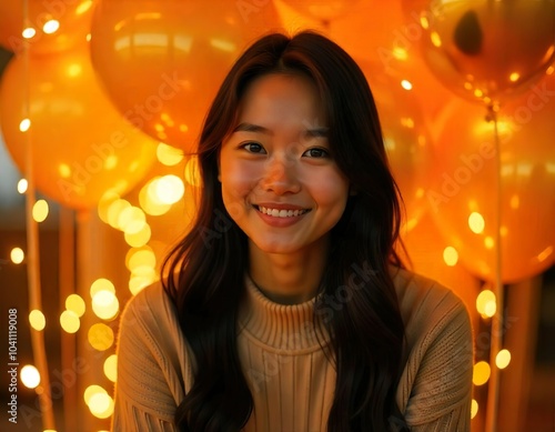 A young Asian woman with long dark hair wearing a beige sweater, surrounded by golden balloons and sparkling lights against a warm golden background