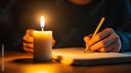 A serene scene of a person writing in a notebook by candlelight, creating a warm and intimate atmosphere for reflection and inspiration. photo