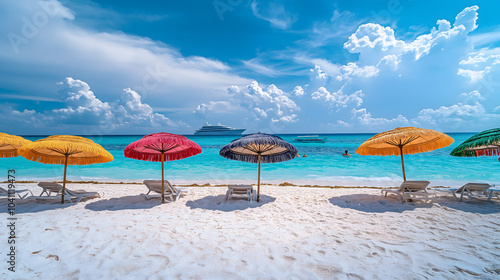 Peaceful tropical beach with colorful umbrellas, white sand, turquoise water, and a tranquil sky, perfect for relaxation and meditation.