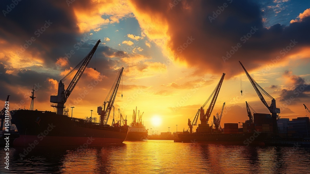 A modern port at sunrise, with cranes and ships silhouetted against a dramatic sky, symbolizing the optimism and expansion in global trade A modern port at sunrise, with cranes and ships silhouetted against a dramatic sky, symbolizing the optimism and expansion in global trade