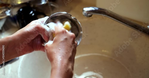 A young woman in pajamas and glasses washing dirty dishes by hand at home on a sunny summer day while doing household chores