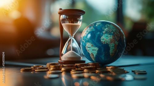 A sandglass with sand running through it, a globe, and a pile of coins on a table. photo