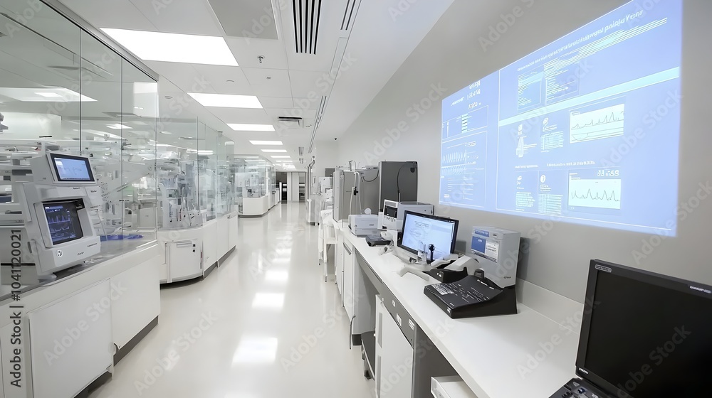 A futuristic and innovative animal hospital laboratory featuring holographic displays of test results floating above high tech advanced medical equipment The clean sleek A futuristic and innovative animal hospital laboratory featuring holographic displays of test results floating above high tech advanced medical equipment The clean sleek