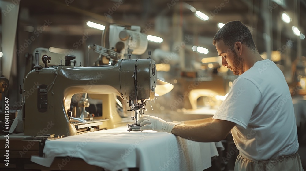 The act of sewing with a modern sewing machine in a workshop The act of sewing with a modern sewing machine in a workshop
