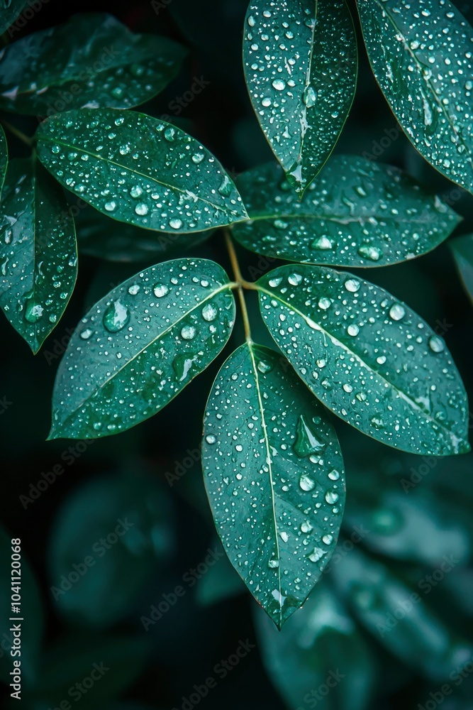 Fototapeta premium Close-up of Green Leaves Covered in Raindrops