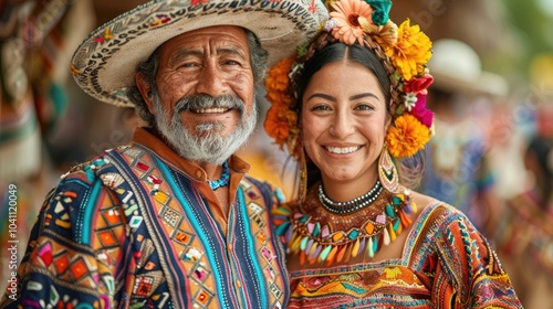 portrait of happy mexican couple in traditional clothes.