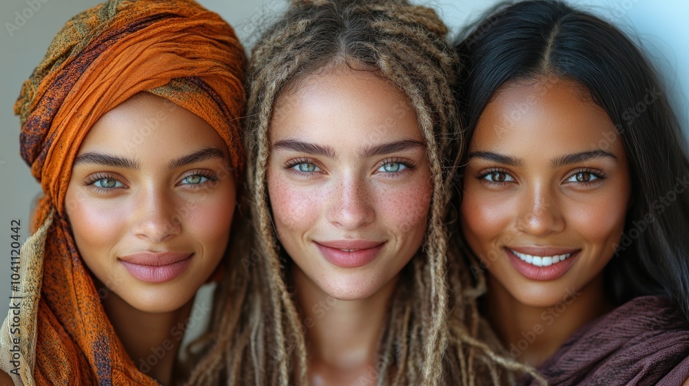 Three women with diverse hairstyles and warm expressions. Three women with diverse hairstyles and warm expressions.
