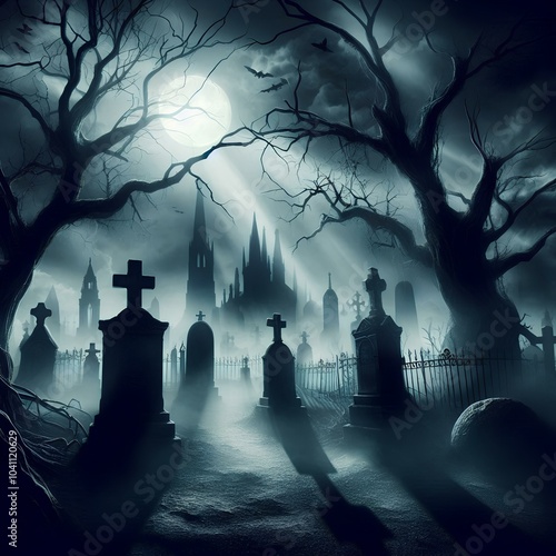 Haunting Shadows of Forgotten Tombstones Fantasy wallpaper. photo