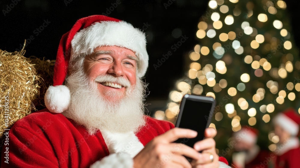 Jolly Santa Claus Using Smartphone with Christmas Tree Jolly Santa Claus Using Smartphone with Christmas Tree