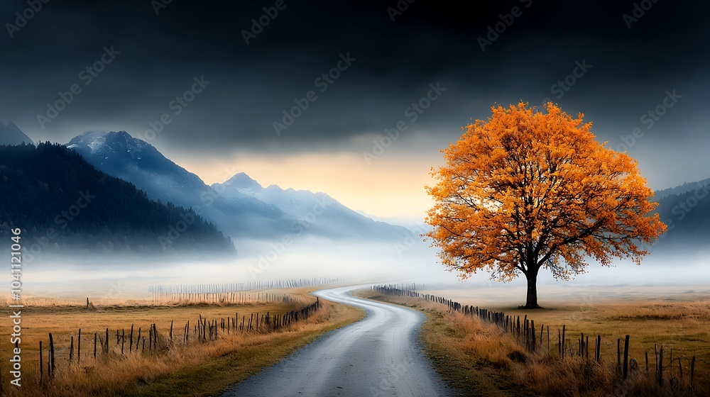 A misty mountain range with a winding, untraveled path leading into the unknown, emphasizing the fear and uncertainty of being caught in a never-ending journey. Ultra-Realistic, Photo Realistic, A misty mountain range with a winding, untraveled path leading into the unknown, emphasizing the fear and uncertainty of being caught in a never-ending journey. Ultra-Realistic, Photo Realistic,