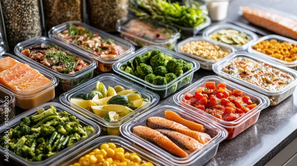 Various ingredients in clear containers for meal prepping on a gray countertop. Various ingredients in clear containers for meal prepping on a gray countertop.