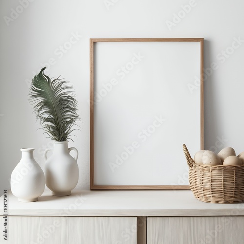 a wooden-framed blank picture or art canvas positioned centrally against a plain white wall, canvas mockup , white canvas on an ivory background 