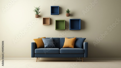 Bright contemporary living room with a pastelcolored sofa, neutral walls, and abstract art, contemporary bright living room, light and cheerful