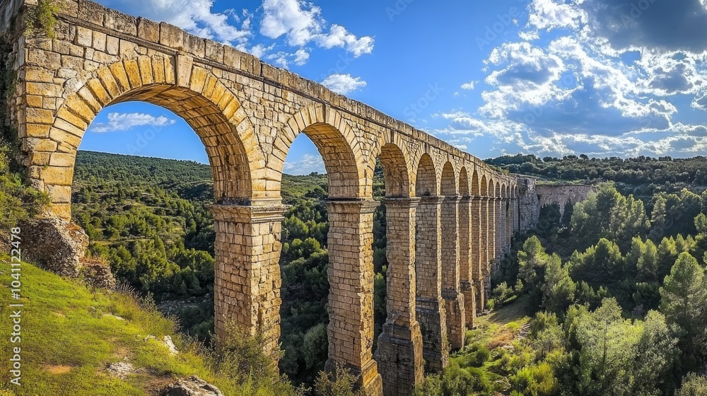 Fototapeta premium A stone aqueduct with multiple arches spanning a valley, with lush green trees and a blue sky with white clouds in the background.