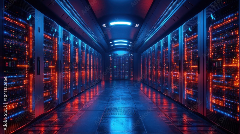 A futuristic server room illuminated with blue and orange lights. A futuristic server room illuminated with blue and orange lights.