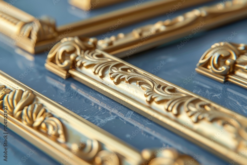 A close-up shot of a gold frame on a blue surface, ideal for use in jewelry or design related contexts A close-up shot of a gold frame on a blue surface, ideal for use in jewelry or design related contexts