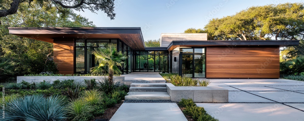 Fototapeta premium Bold Sustainable Modern House: A Fusion of Eco-Friendly Design and Contemporary Aesthetics
