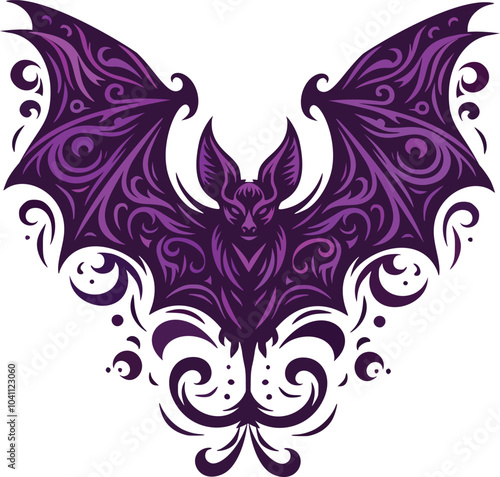 Vector design of a  purple bat tattoo design with symmetrical and the background is white