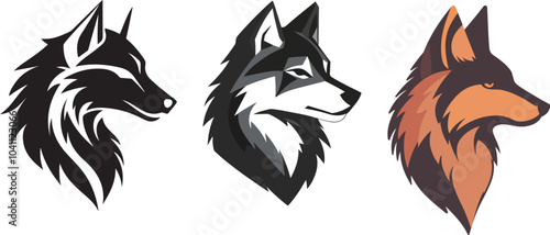 Vector illustration of three wolves in black, white and red