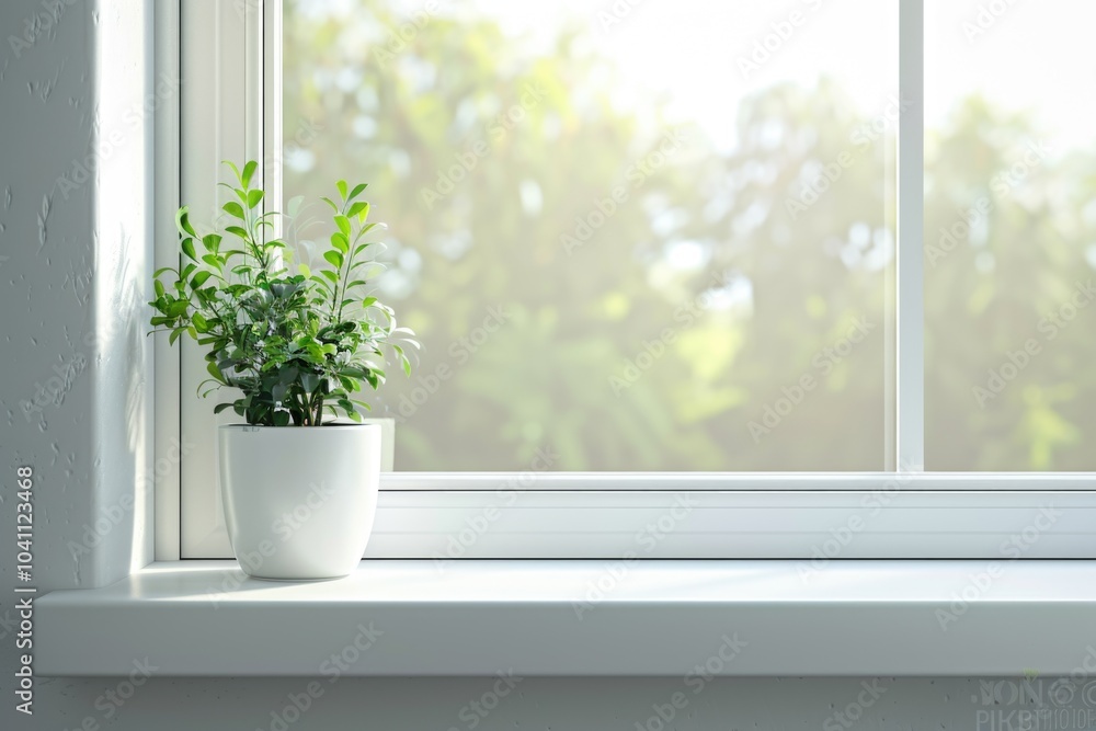 A potted plant sitting on a sunny windowsill, perfect for indoor spaces or gardening inspiration A potted plant sitting on a sunny windowsill, perfect for indoor spaces or gardening inspiration