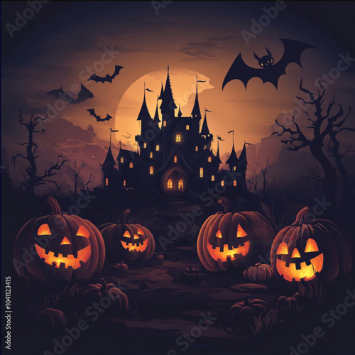 illustration of scary halloween party background, scary castle at night, glowing scary pumpkins, bats flying