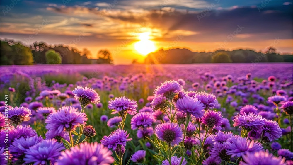 Fototapeta premium A field of delicate purple flowers blooms under the glow of a vibrant sunset, their soft petals reaching towards the golden rays of the sun, creating a breathtaking scene of natural beauty.