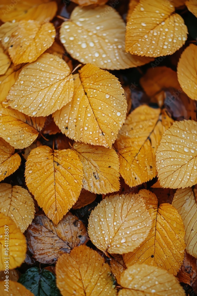 Golden Autumn Leaves Covered in Dew Drops Golden Autumn Leaves Covered in Dew Drops