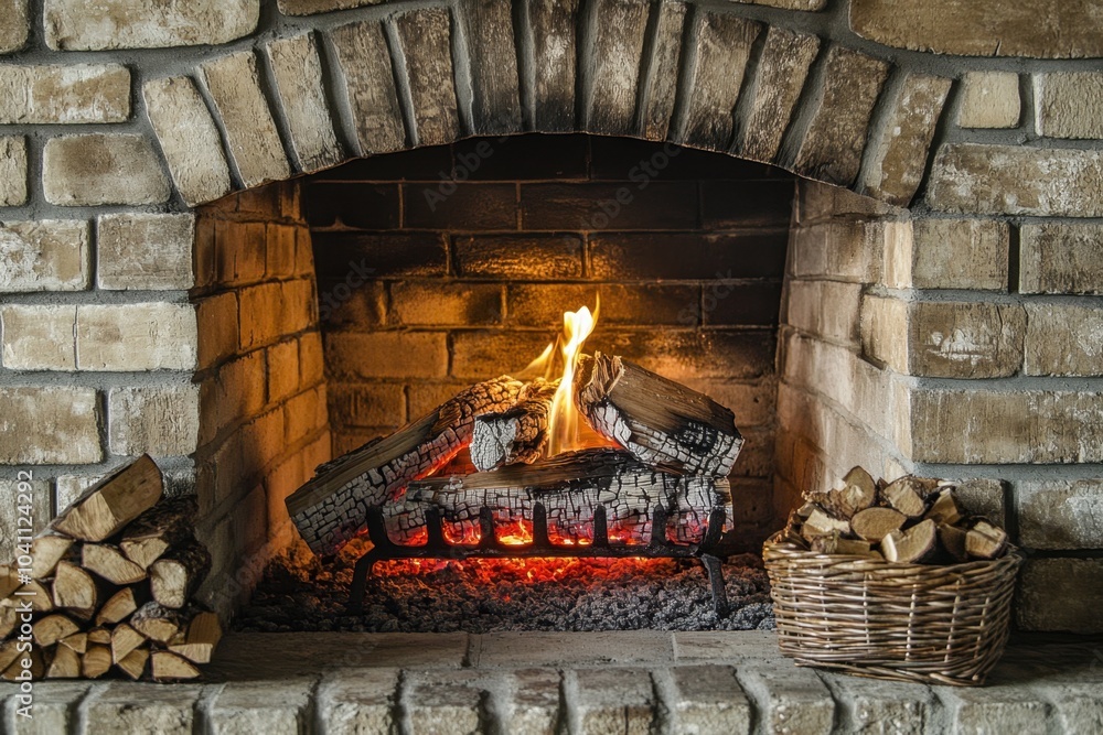 Close-up of a brick fireplace, with warm flames and crackling logs, creating a cozy and inviting atmosphere, perfect for home and comfort themes, emphasizing warmth and relaxation Close-up of a brick fireplace, with warm flames and crackling logs, creating a cozy and inviting atmosphere, perfect for home and comfort themes, emphasizing warmth and relaxation