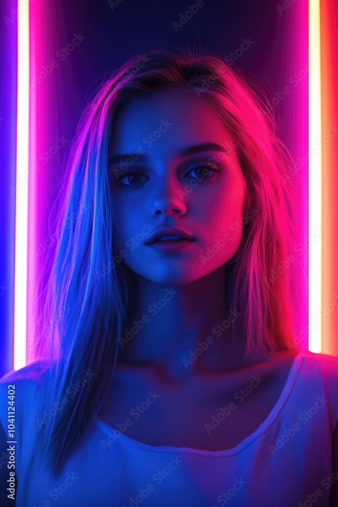 A woman stands in front of bright neon lights, perfect for use in advertising or nightlife scenes A woman stands in front of bright neon lights, perfect for use in advertising or nightlife scenes
