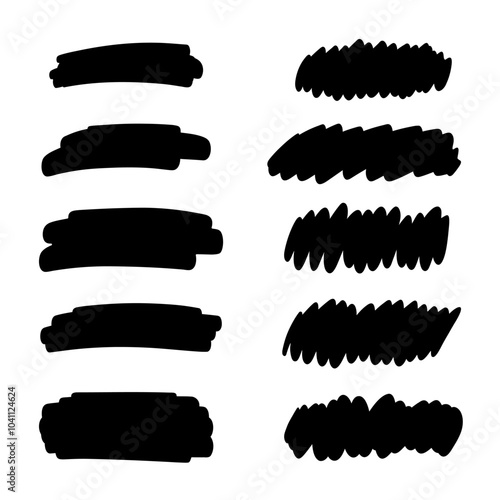 Rectangular horizontal underline, strikethrough, and highlight lines drawn manually with a marker. Graphic elements for design with text, background, and decoration. Abstract free black hatching.