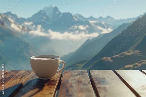 A cup of coffee sits atop a wooden table, providing a cozy atmosphere