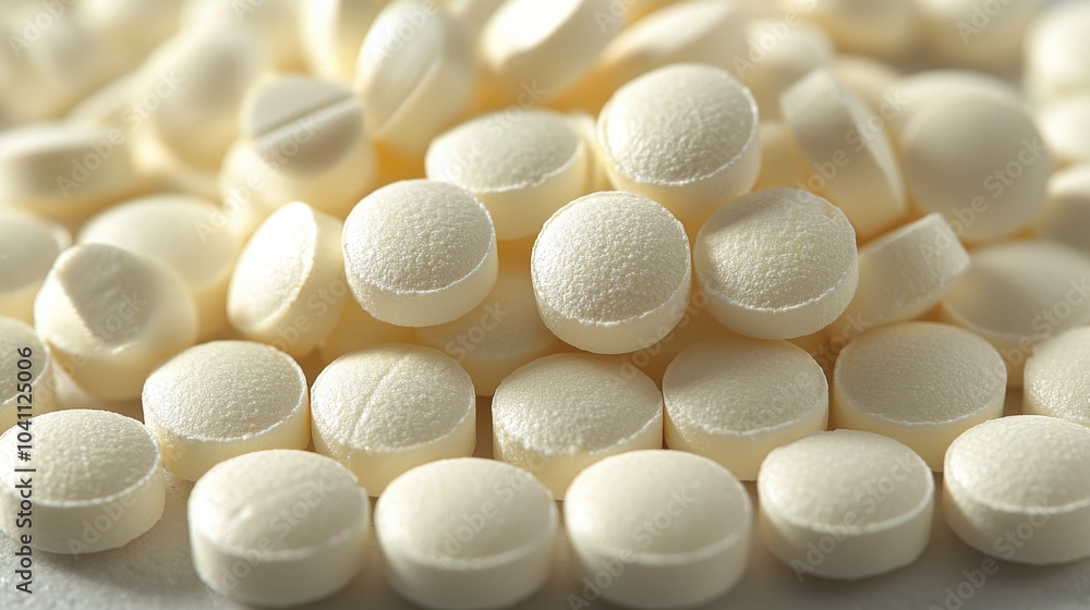 Close-up of numerous white round tablets piled together on a surface, illustrating the pharmaceutical industry and medication use Close-up of numerous white round tablets piled together on a surface, illustrating the pharmaceutical industry and medication use