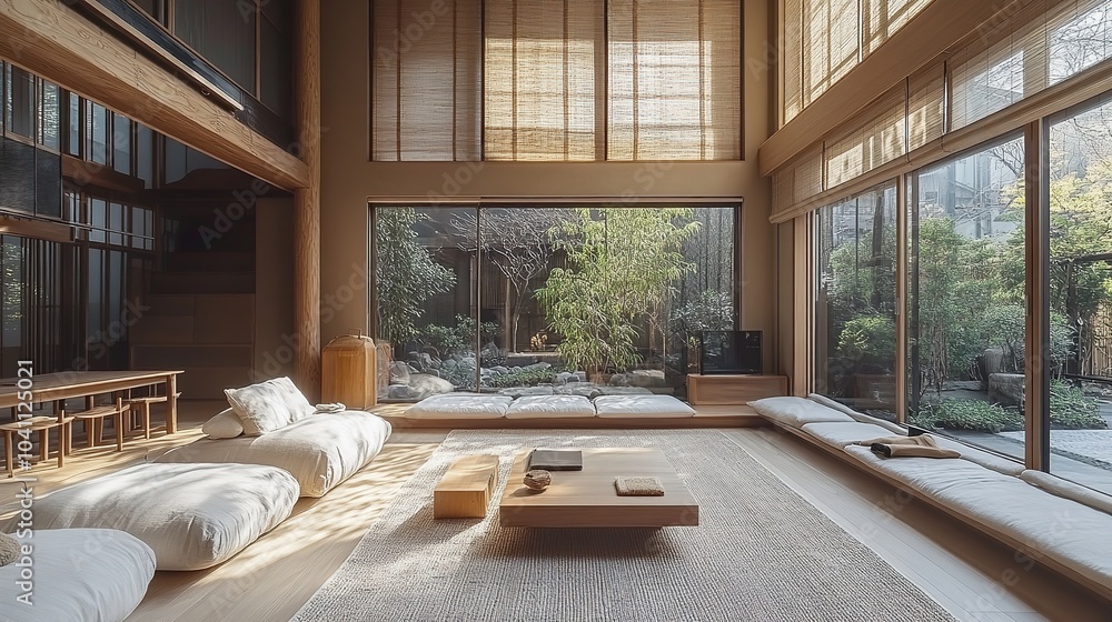 Modern living room with a minimalist Japandi-inspired interior design. Modern living room with a minimalist Japandi-inspired interior design.