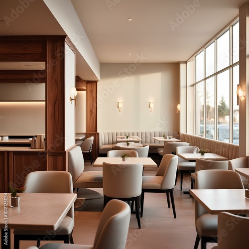 A restaurant interior featuring tables and chairs arranged near large windows, allowing natural light to illuminate the space