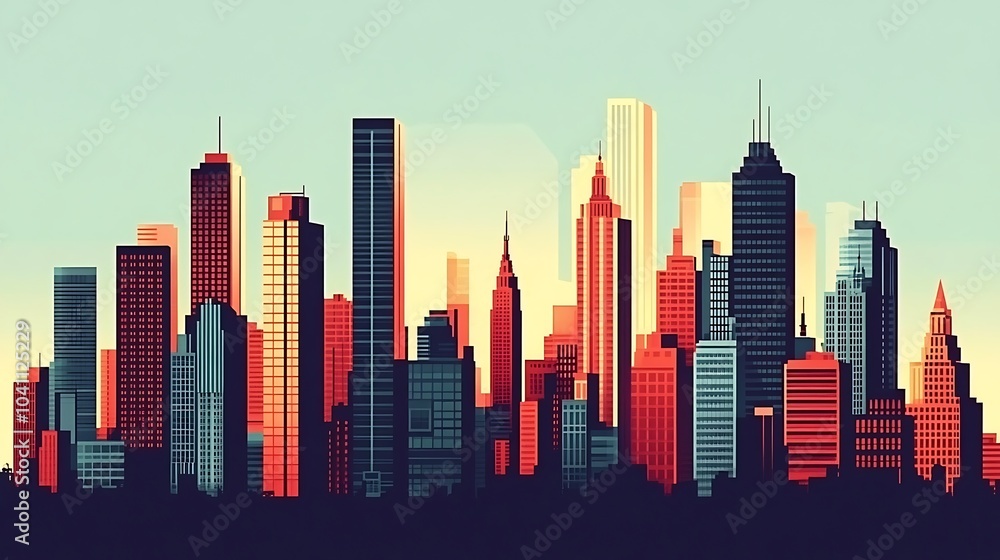 Flat-style city skyline, clean minimalist design, modern glass skyscrapers, bright and vibrant tones, clear blue sky, simple shapes and bold lines, futuristic urban landscape, hd quality, Flat-style city skyline, clean minimalist design, modern glass skyscrapers, bright and vibrant tones, clear blue sky, simple shapes and bold lines, futuristic urban landscape, hd quality,