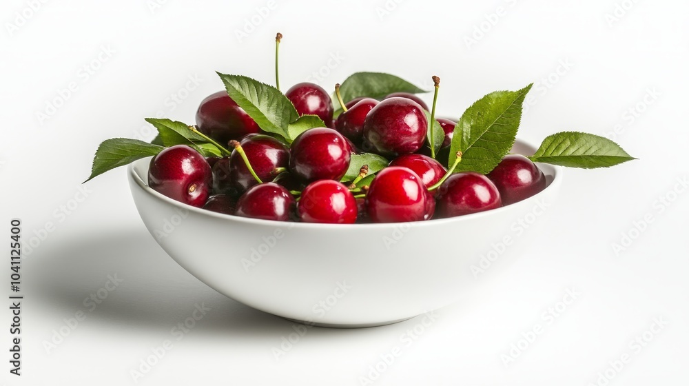 A white bowl filled with fresh, red cherries and green leaves, isolated on a white background. A white bowl filled with fresh, red cherries and green leaves, isolated on a white background.