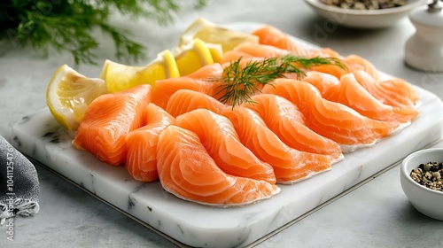 Thinly sliced salmon on marble tray Delicate slices of salmon arranged in a fan shape on a sleek white marble tray, garnished with fresh dill and lemon wedges, glowing under soft lighting.