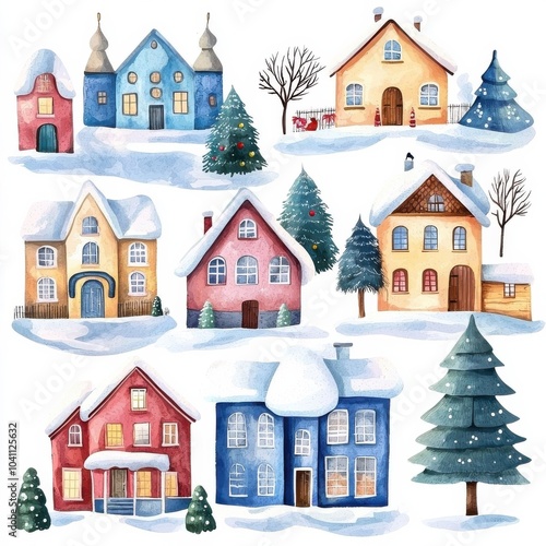 Wallpaper Mural A collection of colorful winter houses amidst snow and evergreen trees, showcasing a cozy seasonal atmosphere. Torontodigital.ca