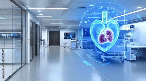 A futuristic animal hospital with floating hologram displays showing a dog s heart and circulatory system highlighting advanced medical technology and digital visualization for veterinary care