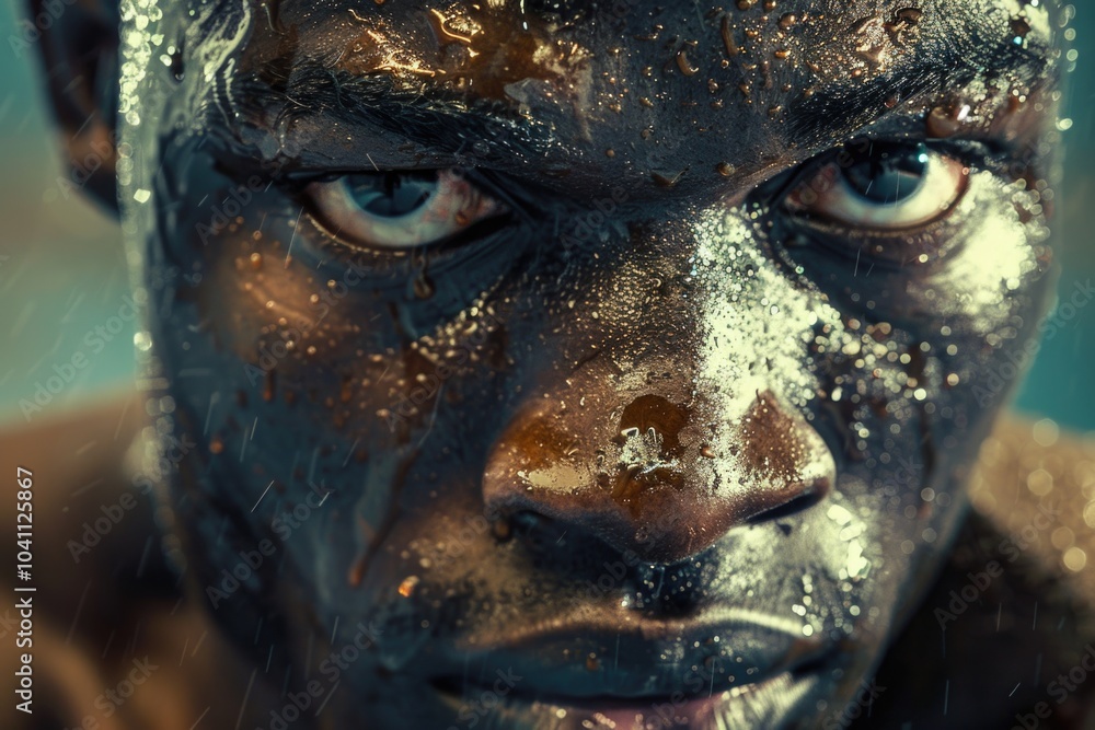 A person's face covered in dirt and grime, ideal for use in scenes depicting rough living conditions or outdoor survival A person's face covered in dirt and grime, ideal for use in scenes depicting rough living conditions or outdoor survival