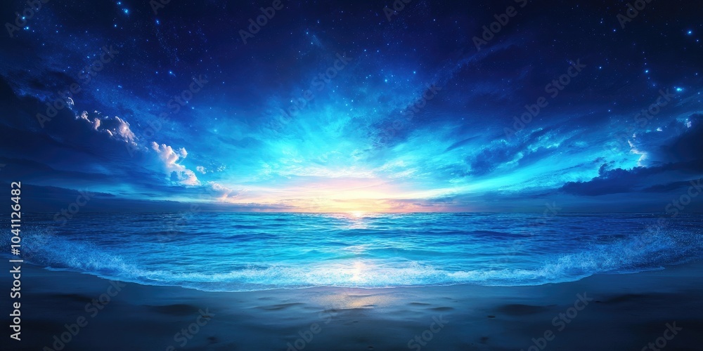 Fototapeta premium Coastal view of a tranquil beach by a vibrant sea, Serene beach landscape with colorful ocean waters