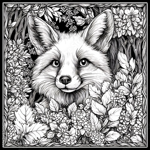 Wallpaper Mural Delightful black and white handdrawn coloring page for kids depicting a curious fox peeking out from behind bushes surrounded by trees and woodland creatures inviting exploration Torontodigital.ca