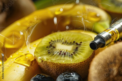 Close-up shot of kiwi fruit next to a cigarette, great for food or health-related themes photo