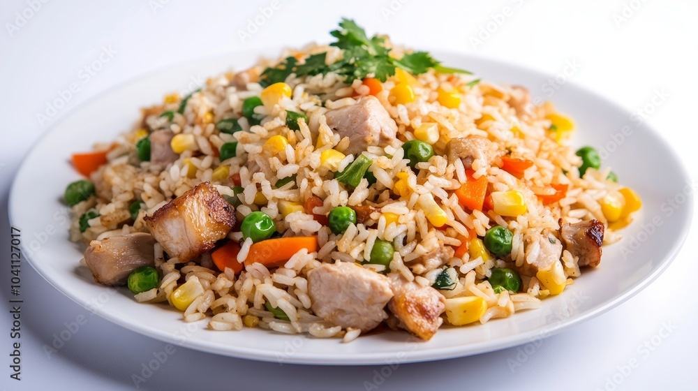 A white plate piled high with fried rice, chicken, corn, peas, and carrots garnished with a sprig of parsley. A white plate piled high with fried rice, chicken, corn, peas, and carrots garnished with a sprig of parsley.