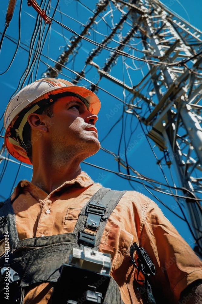 A person wearing a hard hat stands next to a power pole, utility worker, construction site A person wearing a hard hat stands next to a power pole, utility worker, construction site