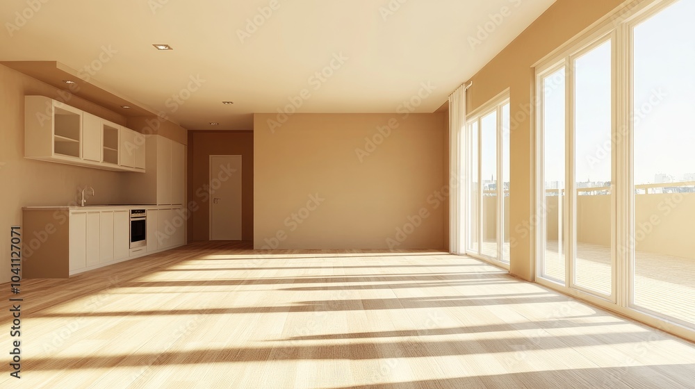 3D rendering of a modern apartment interior featuring an empty living room with beige walls and a kitchen 3D rendering of a modern apartment interior featuring an empty living room with beige walls and a kitchen