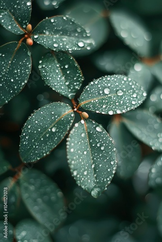 Dew-Covered Green Leaves with Small Buds